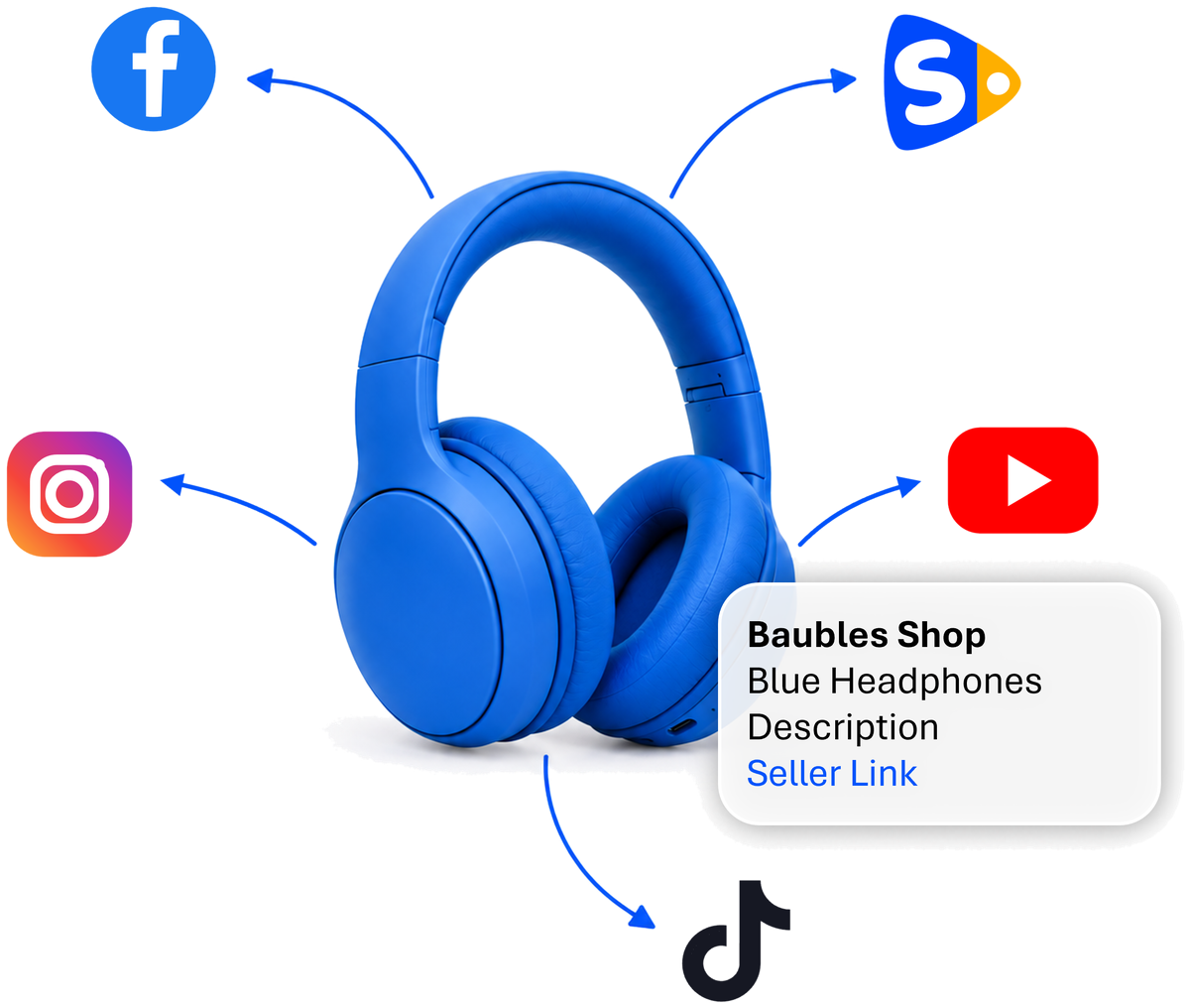 One product with lines running out to Facebook, Instagram, TikTok, YouTube and the SalesZE marketplace